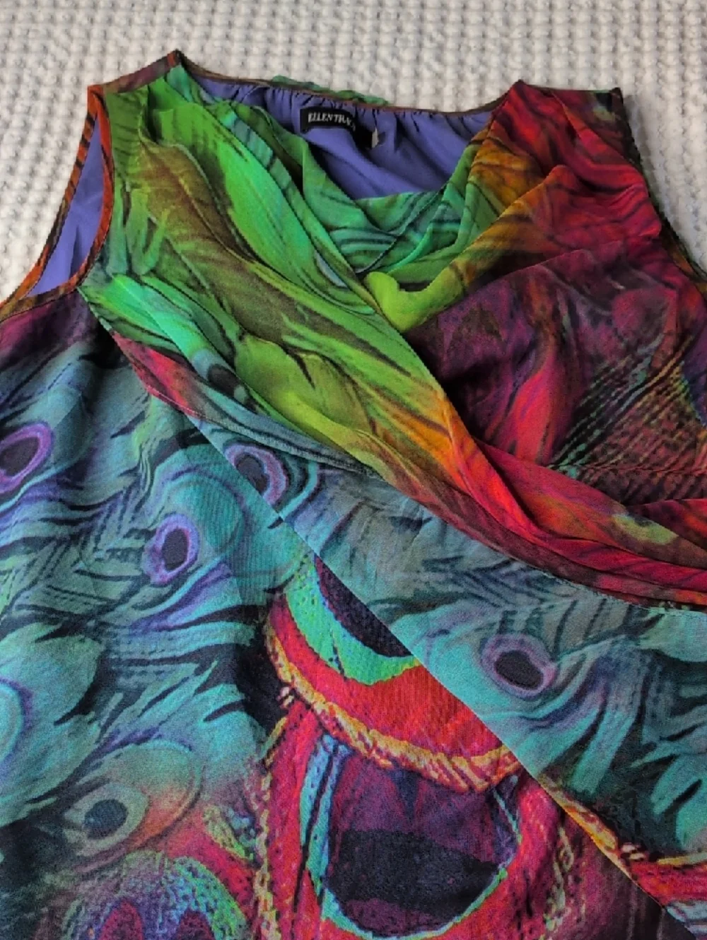 Ellen Tracy Purple Top with Multicolor Neck Trim Lightweight Peacock Maximalism - Picture 8 of 8